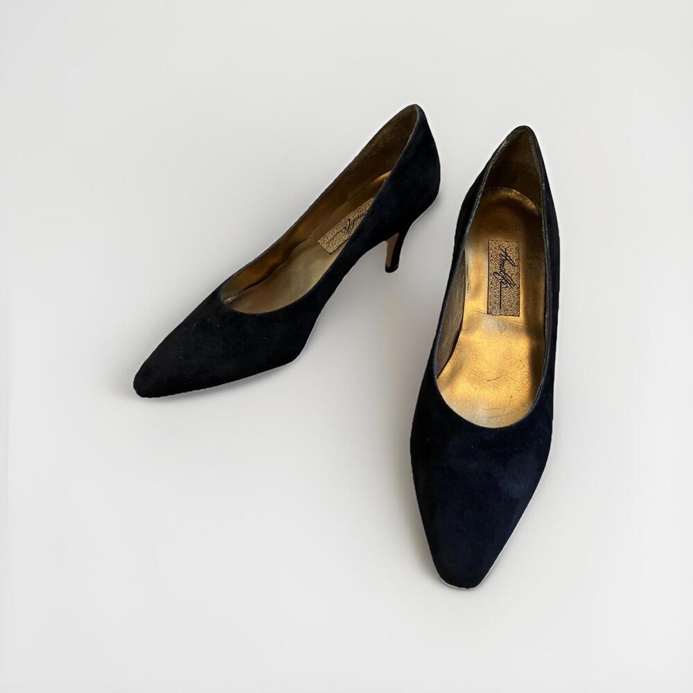 AMALFI BLACK SUEDE KITTEN HEELS SIZE 8.5AA MADE IN ITALY GREAT COND! RP $300